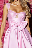 Sparkly A Line Pink Beaded Homecoming Dress With Bow