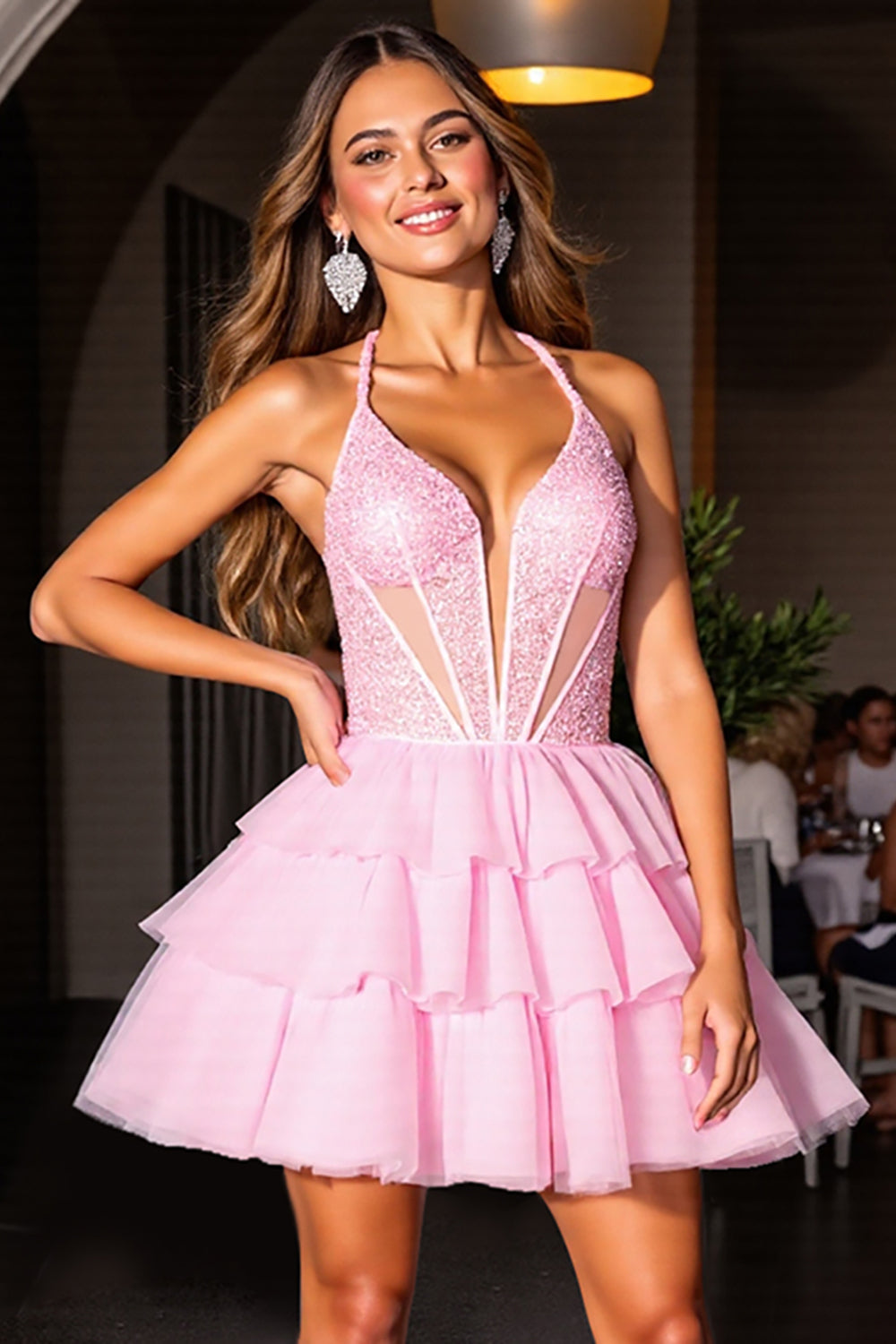 Halter Tiered A Line Homecoming Dress With Sequins