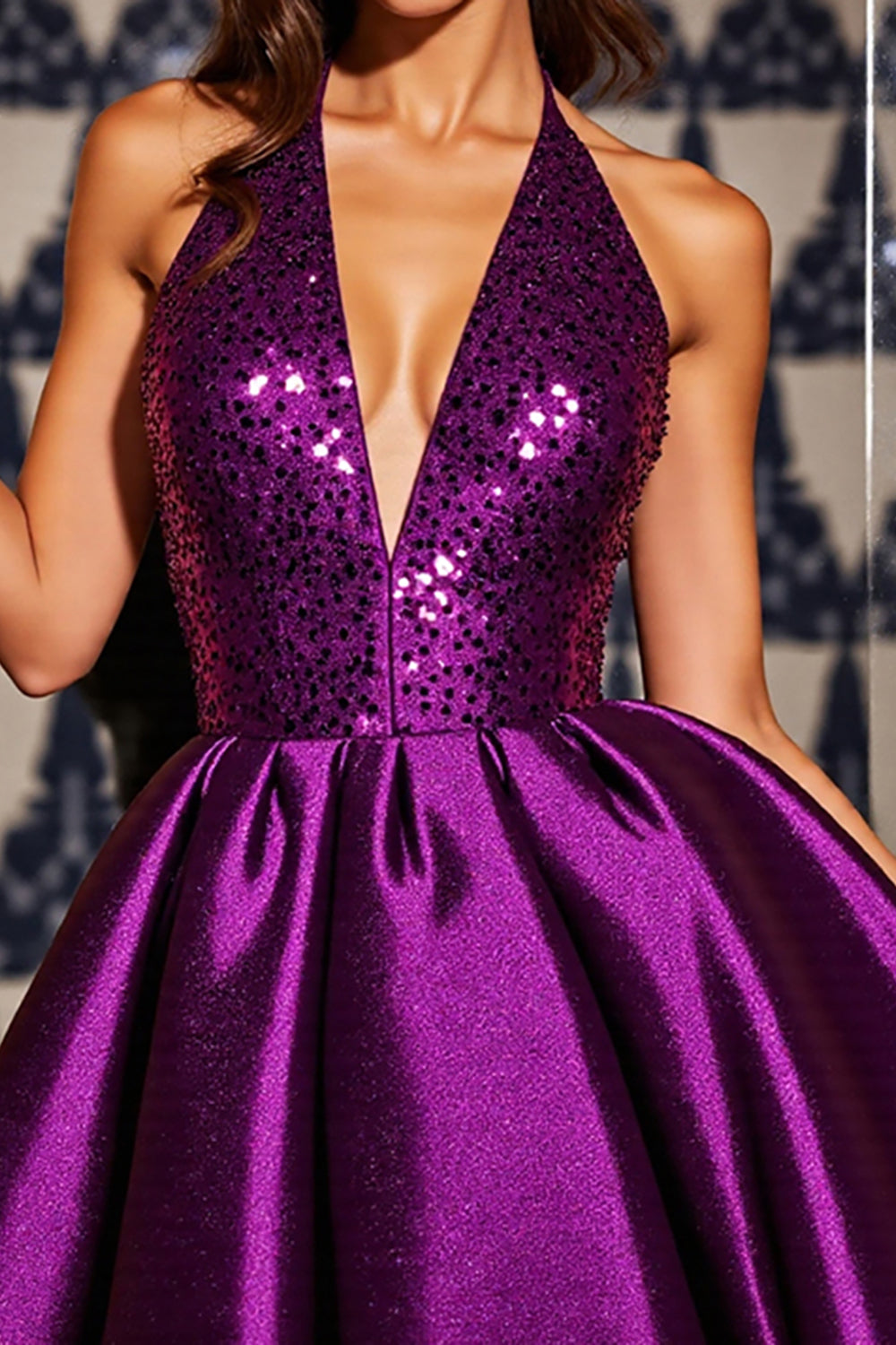 Halter Dark Purple A Line Mini Homecoming Dress With Sequins