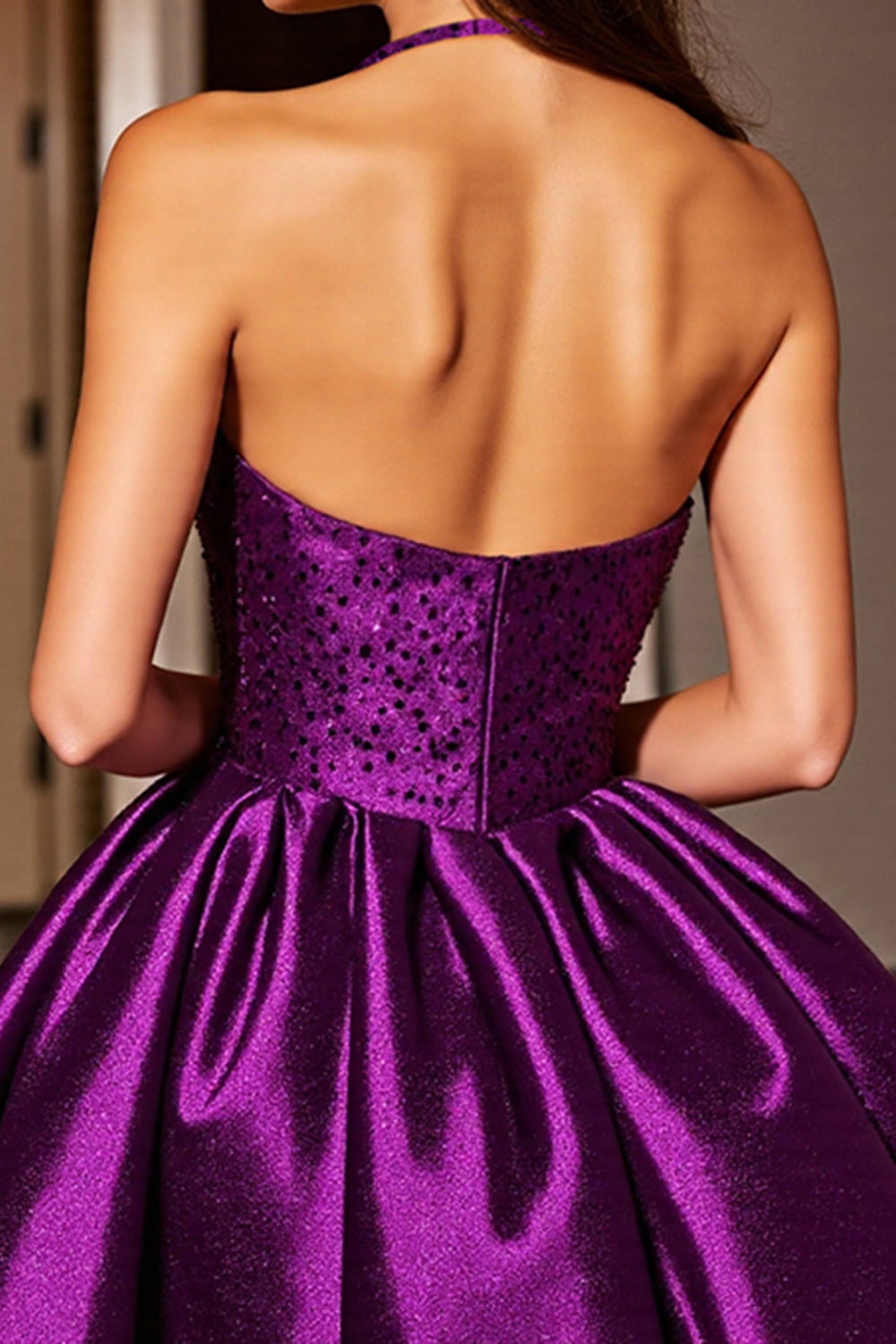 Halter Dark Purple A Line Mini Homecoming Dress With Sequins