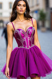 Dark Purple Beaded Spaghetti Straps Mini Homecoming Dress