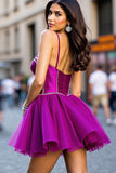 Dark Purple Beaded Spaghetti Straps Mini Homecoming Dress