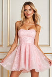 A Line Appliqued Strapless Pink Homecoming Dress