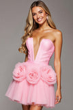 Strapless Pink A Line Homecoming Dress with 3D Flowers