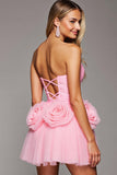 Strapless Pink A Line Homecoming Dress with 3D Flowers