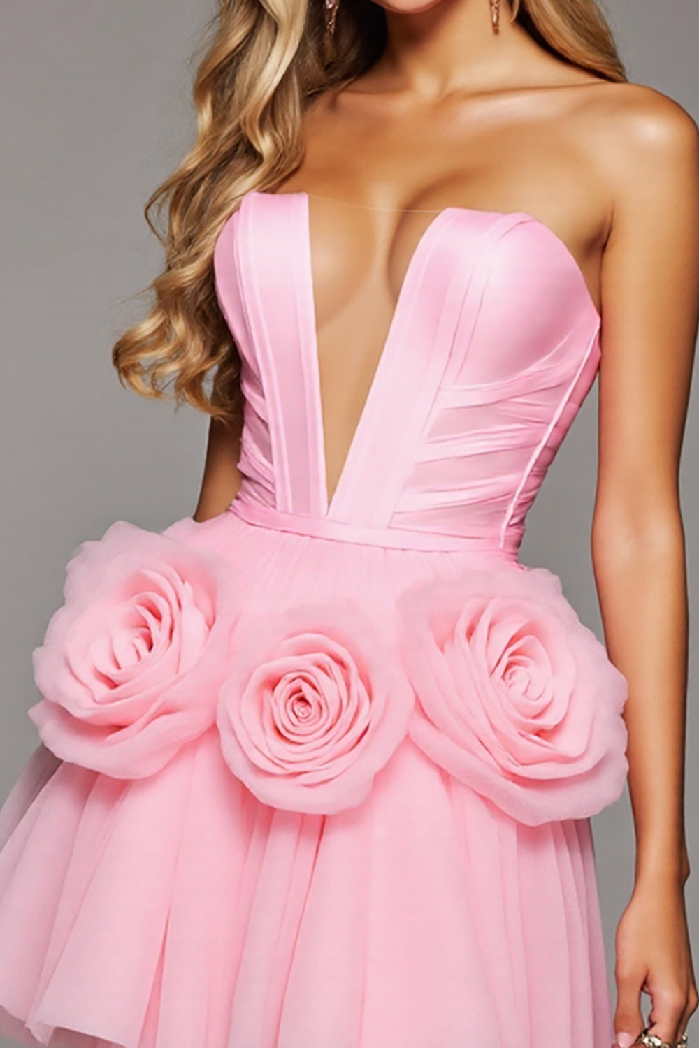 Strapless Pink A Line Homecoming Dress with 3D Flowers