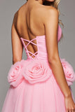 Strapless Pink A Line Homecoming Dress with 3D Flowers