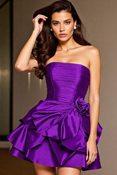 Zapaka Women Dark Purple Homecoming Dress Strapless Satin Ruffled Ruched A  Line Short Prom Dress with 3D Flowers – ZAPAKA