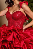 Tiered Red Ruffled Homecoming Dress with Beading
