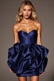 Strapless Navy Satin Homecoming Dress with Ruffles