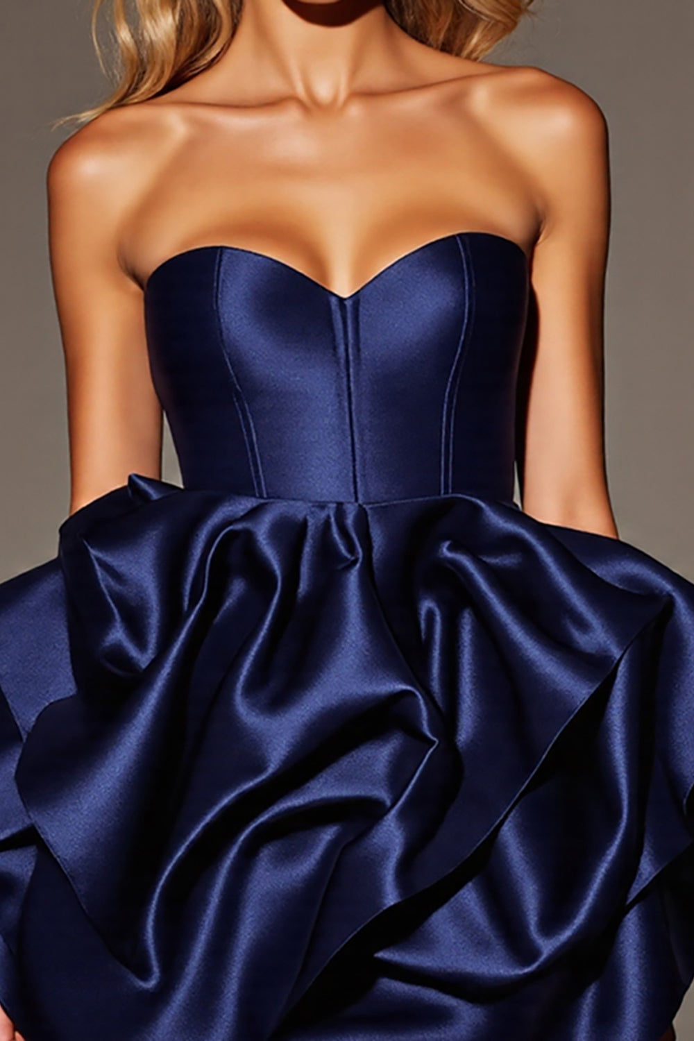Strapless Navy Satin Homecoming Dress with Ruffles