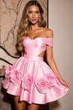 Off The Shoulder Pink Cut Out Homecoming Dress with 3D Flowers