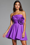 Strapless A Line Purple Homecoming Dress with 3D Flowers