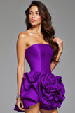 Ruffled Dark Purple Strapless Homecoming Dress with 3D Flowers