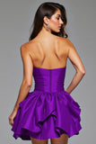 Ruffled Dark Purple Strapless Homecoming Dress with 3D Flowers
