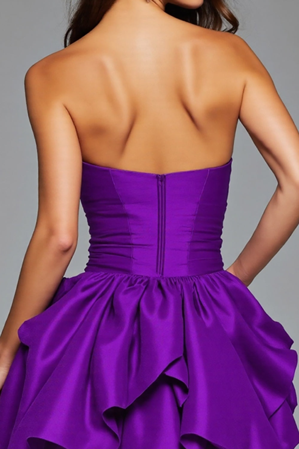 Ruffled Dark Purple Strapless Homecoming Dress with 3D Flowers