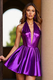 Halter Dark Purple Satin A Line Homecoming Dress