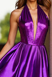 Halter Dark Purple Satin A Line Homecoming Dress