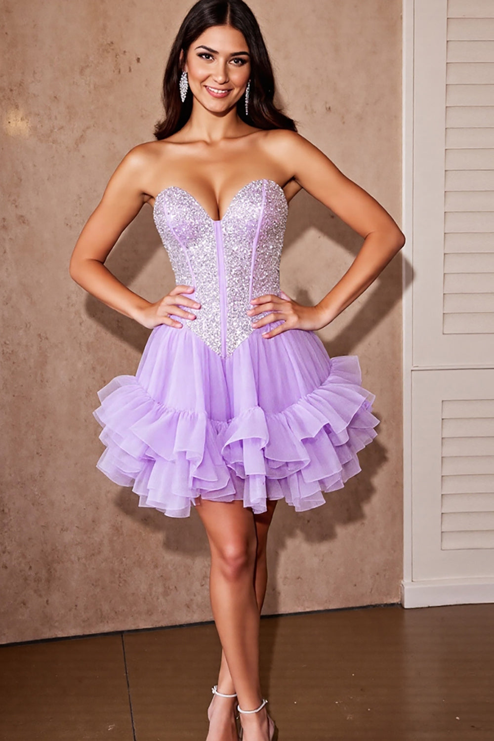 Sparkly Strapless Ruffled Lilac Homecoming Dress with Sequins