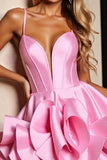 Corset Ruffled Pink Satin Homecoming Dress