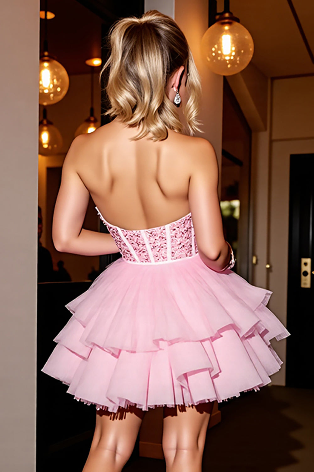 Pink Strapless Corset Tiered Homecoming Dress