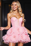 Strapless Pink Homecoming Dress with 3D Flowers