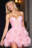 Strapless Pink Homecoming Dress with 3D Flowers