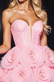 Strapless Pink Homecoming Dress with 3D Flowers