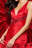 Red Ruched Satin Homecoming Dress with Beading