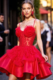 Corset Appliqued Red Homecoming Dress with 3D Flowers