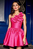 Fuchsia Ruched Satin Homecoming Dress with 3D Flowers