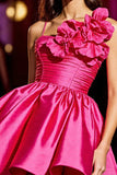 Fuchsia Ruched Satin Homecoming Dress with 3D Flowers