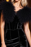Velvet Black Homecoming Dress with Feather