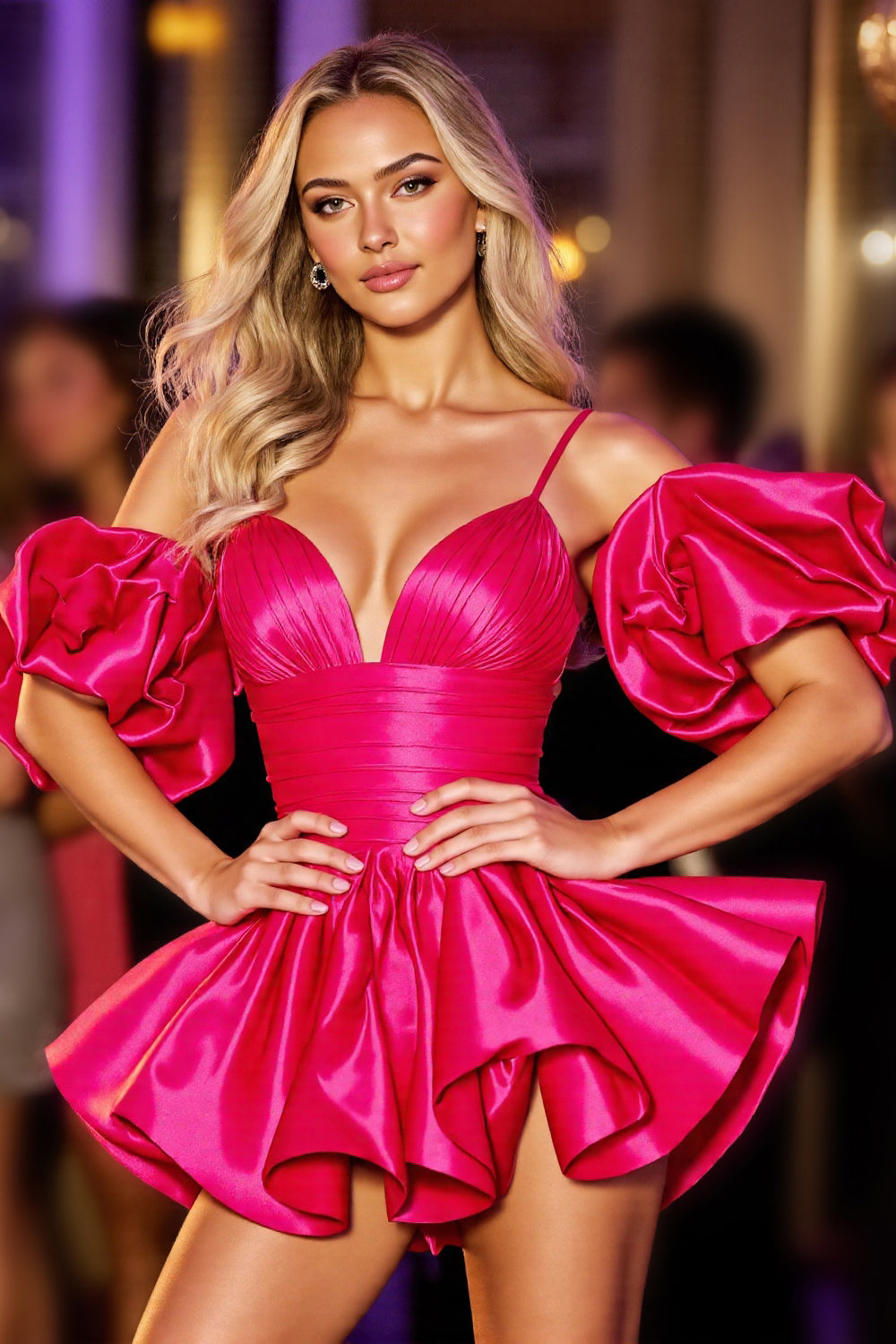 Fuchsia Ruched Homecoming Dress with Ruffles