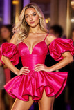 Fuchsia Ruched Homecoming Dress with Ruffles