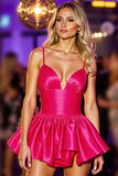 Fuchsia Ruched Homecoming Dress with Ruffles
