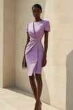 Purple Bodycon Short Sleeves Short Work Dress with Belt
