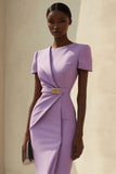 Purple Bodycon Short Sleeves Short Work Dress with Belt