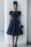 Navy A Line Short Sleeves Midi Work Dress