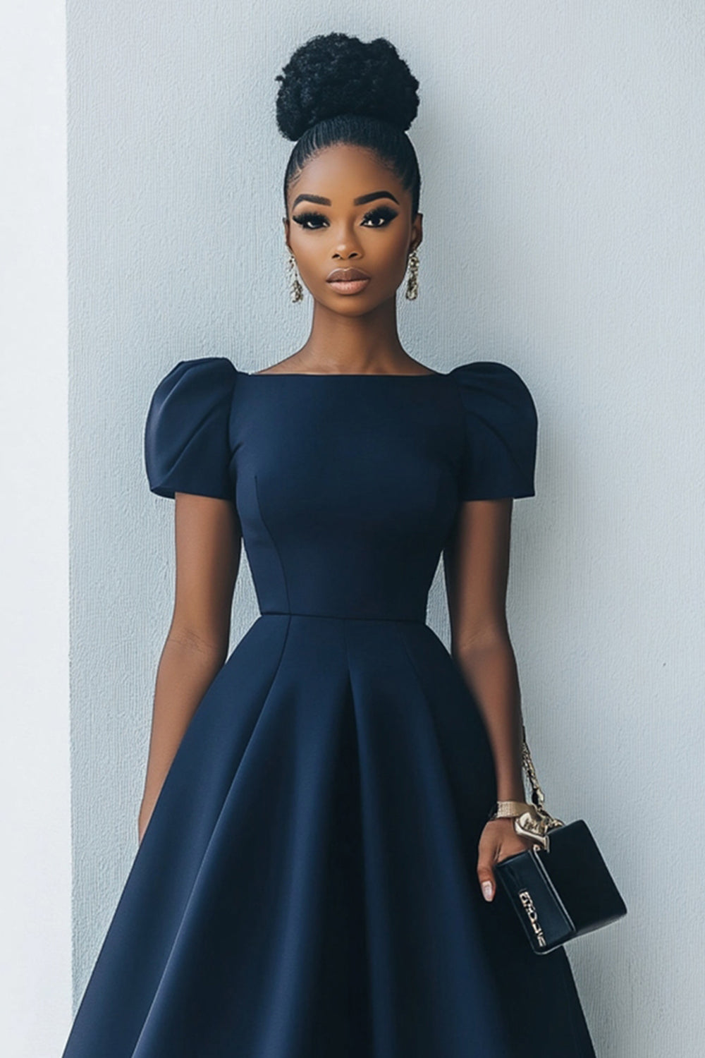 Navy A Line Short Sleeves Midi Work Dress
