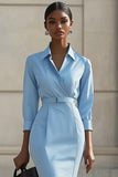 Sky Blue Bodycon Midi Work Dress with Belts