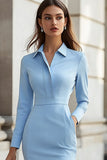 Sky Blue Bodycon Short Work Dress with Pleats