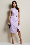 Purple Sheath Midi Work Dress with Belt