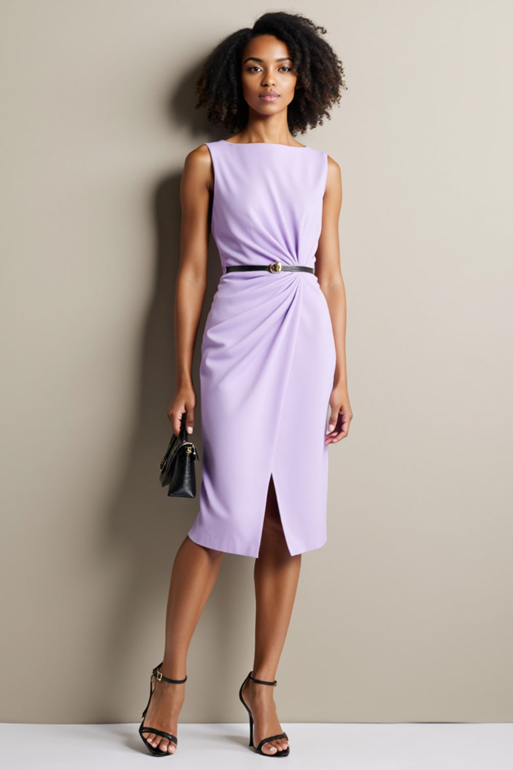 Purple Ruched Sheath Work Dress with Belt