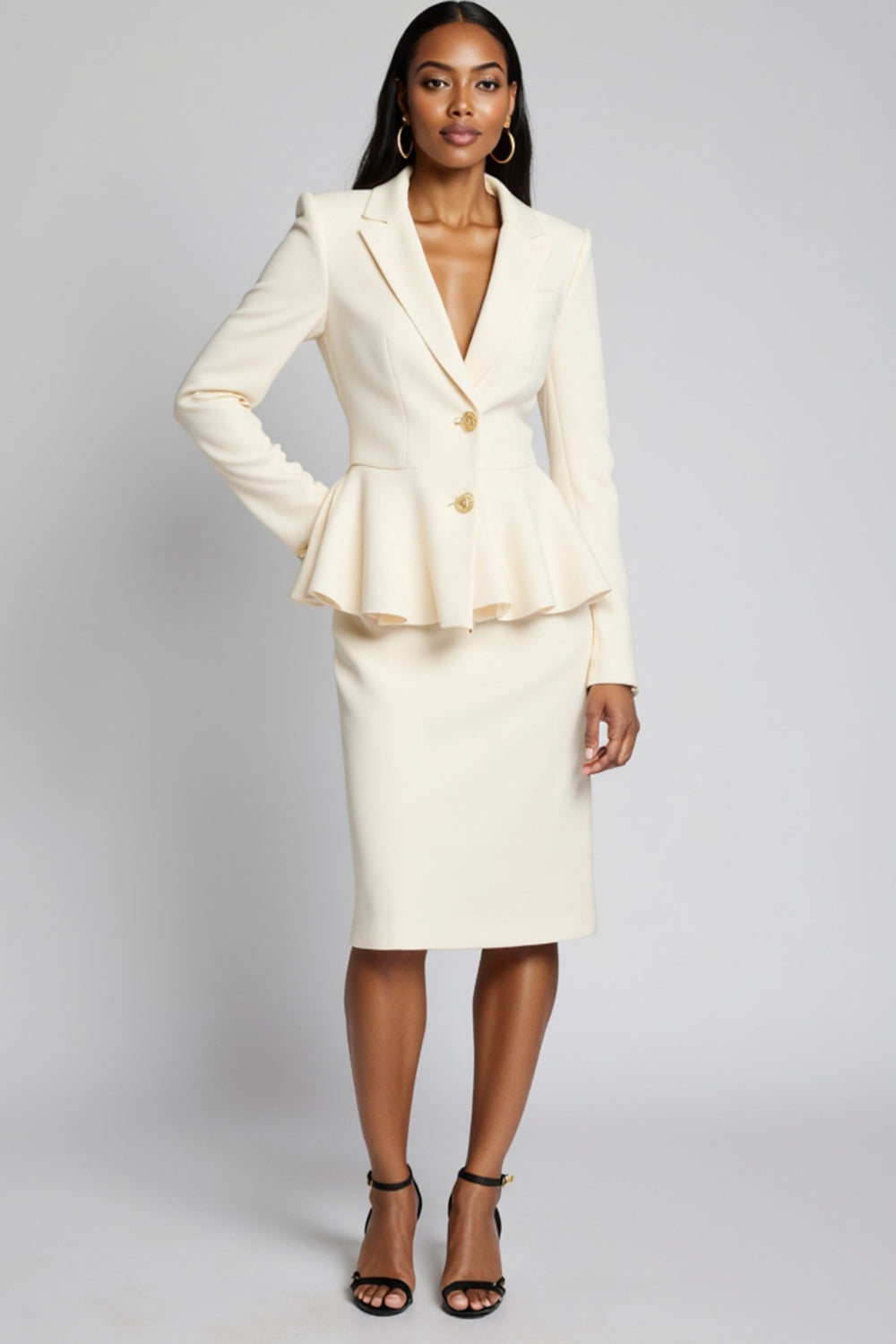 Ivory Notched Lapel Two-piece Work Dress
