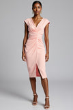 Ruched Pink V-Neck Sheath Work Dress