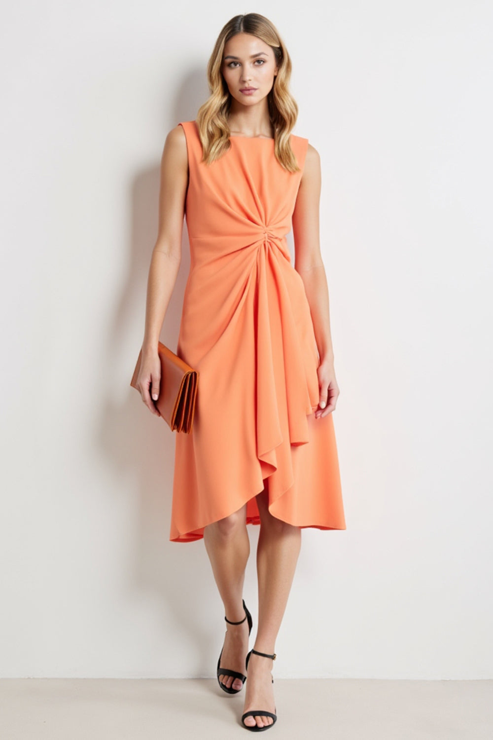 Ruched Orange A Line Midi Work Dress
