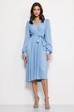 Blue V-Neck A Line Work Dress with Belt