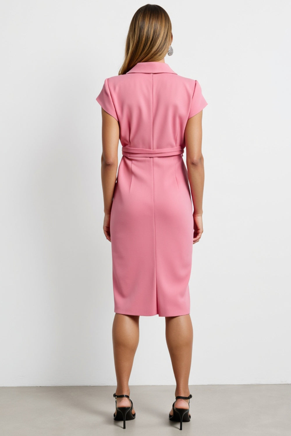Pink V-Neck Sheath Work Dress with Belt