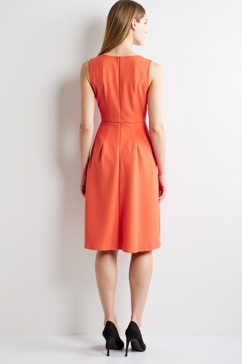 Ruched Orange V-Neck A Line Work Dress